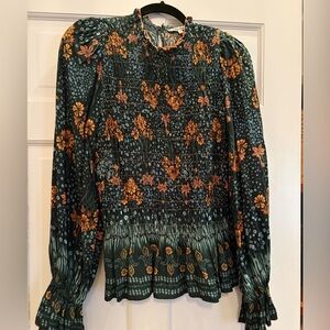 CELINA MOON Dark Green and Orange Floral Blouse from TUCKERNUCK . Smocked